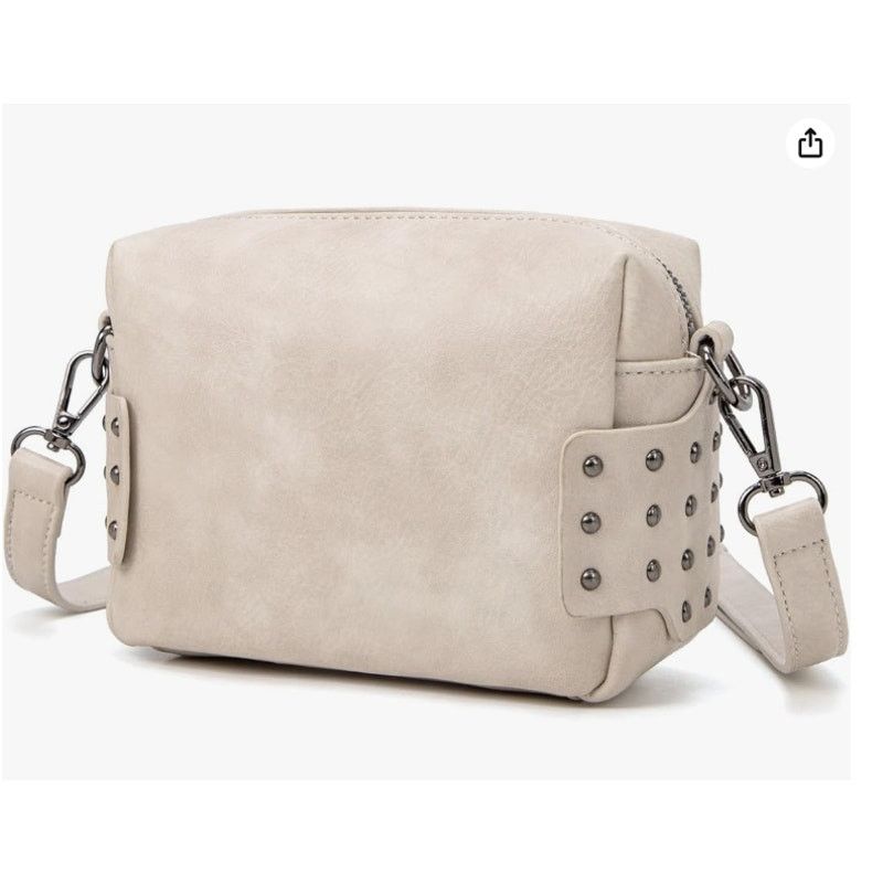Vintage Crossbody Bag Shoulder Purse Rivets, 7.1"x3.1"x5.5" in Beige, Women's