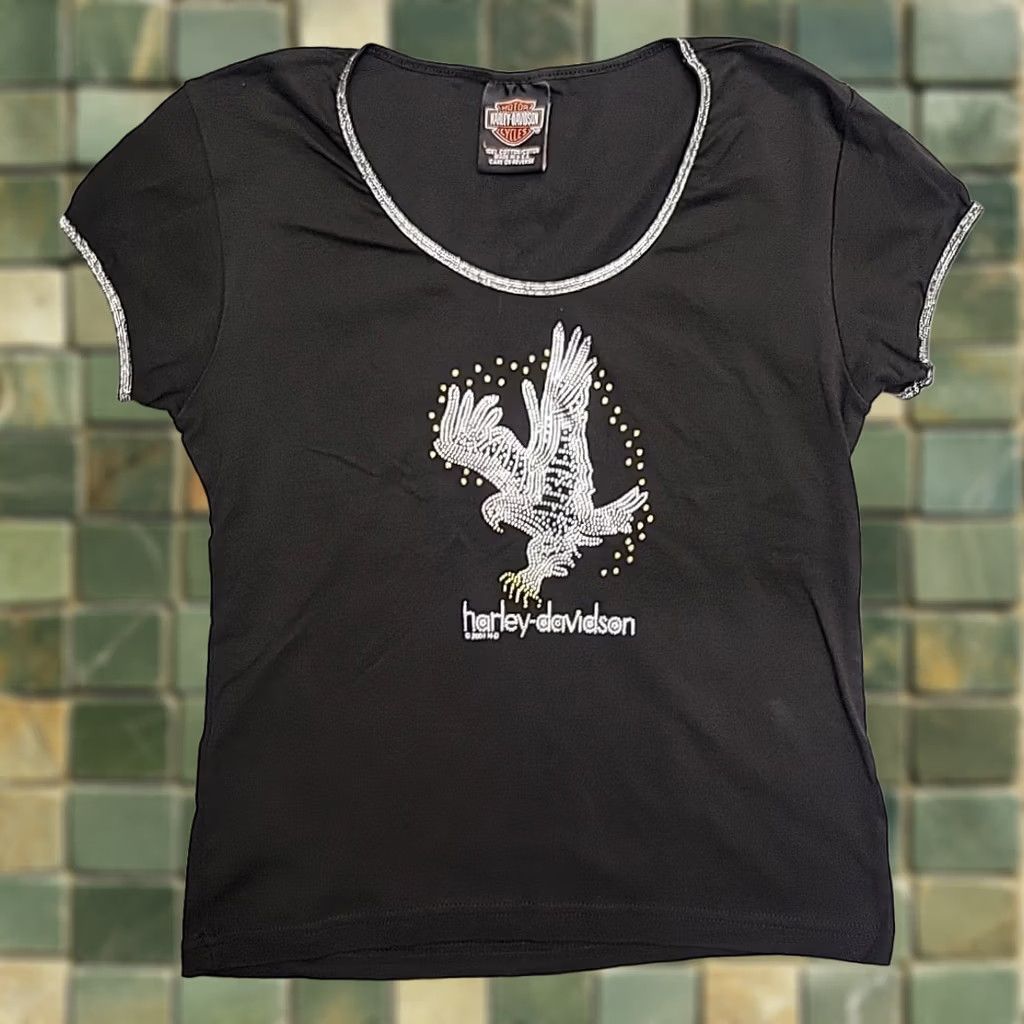 Harley Davidson VINTAGE Harley Davidson Shirt Women L Black Eagle Rhinestone Milwaukee Made In USA Size L / US 10 / IT 46 - 1 Thumbnail