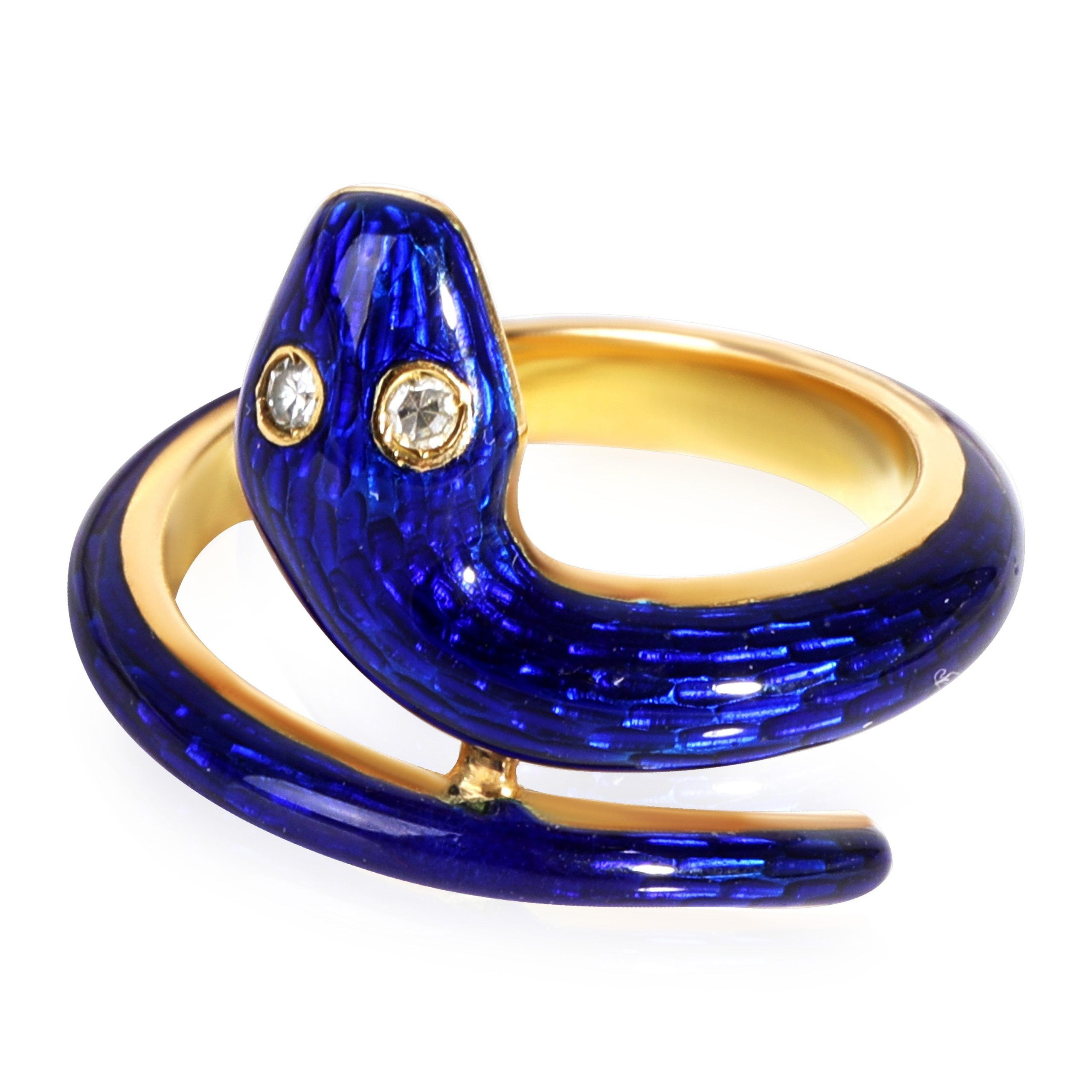 Blue Enamel Snake Ring in 18k Yellow Gold 0.06 Ctw Eyes
