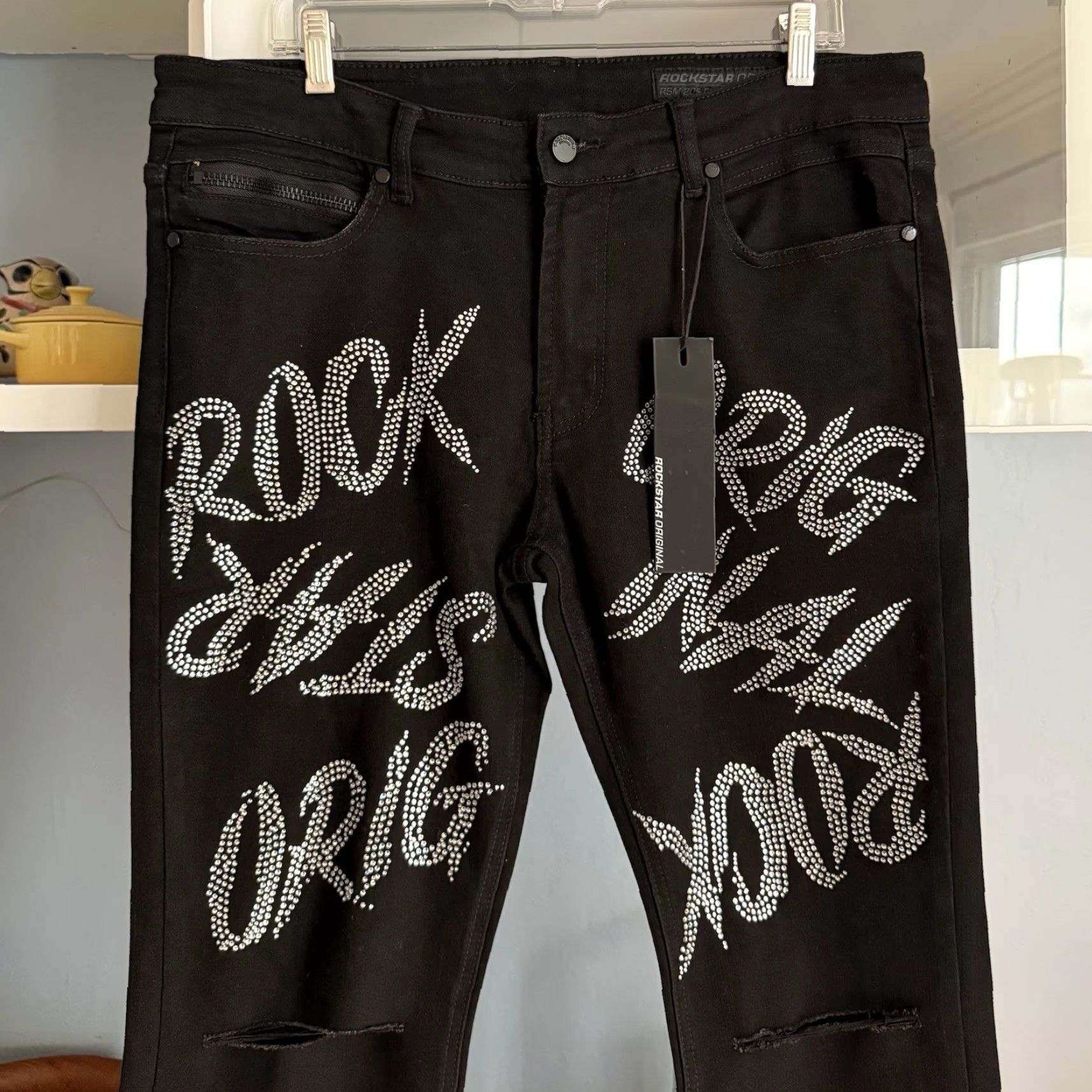 Vintage VINTAGE Rockstar Original STACKED JEANS Flared 90s Hip Hop Rock Black Rhinestone Embellished 36 Mens Size US 36 / EU 52 - 7 Thumbnail