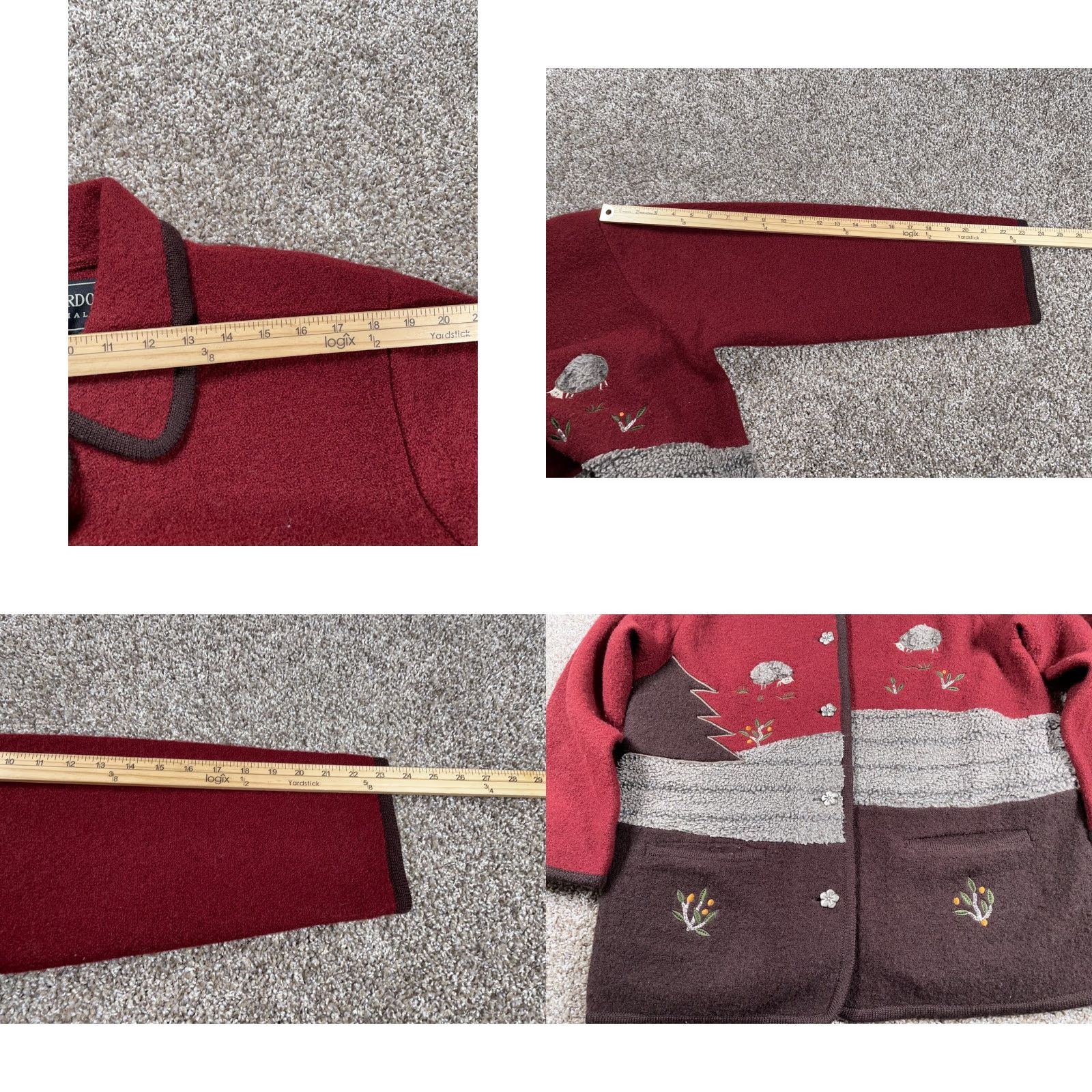 Vintage Bernardo Wool Jacket Women's Medium Dark Red Geometric Outdoor Embroidered 90s Relaxed Pockets Button Front Unlined Casual Knit Fabric Coat Short Size M / US 6-8 / IT 42-44 - 8 Thumbnail