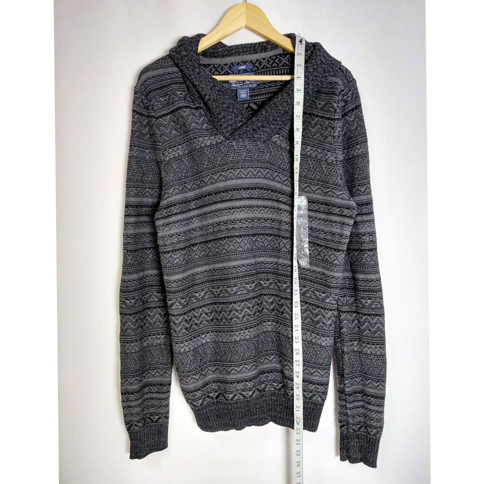 Vintage American Rag Sweater Gray Patterned Knit 100% Cotton V-Neck Long Sleeve Size L Men Size US L / EU 52-54 / 3 - 6 Thumbnail