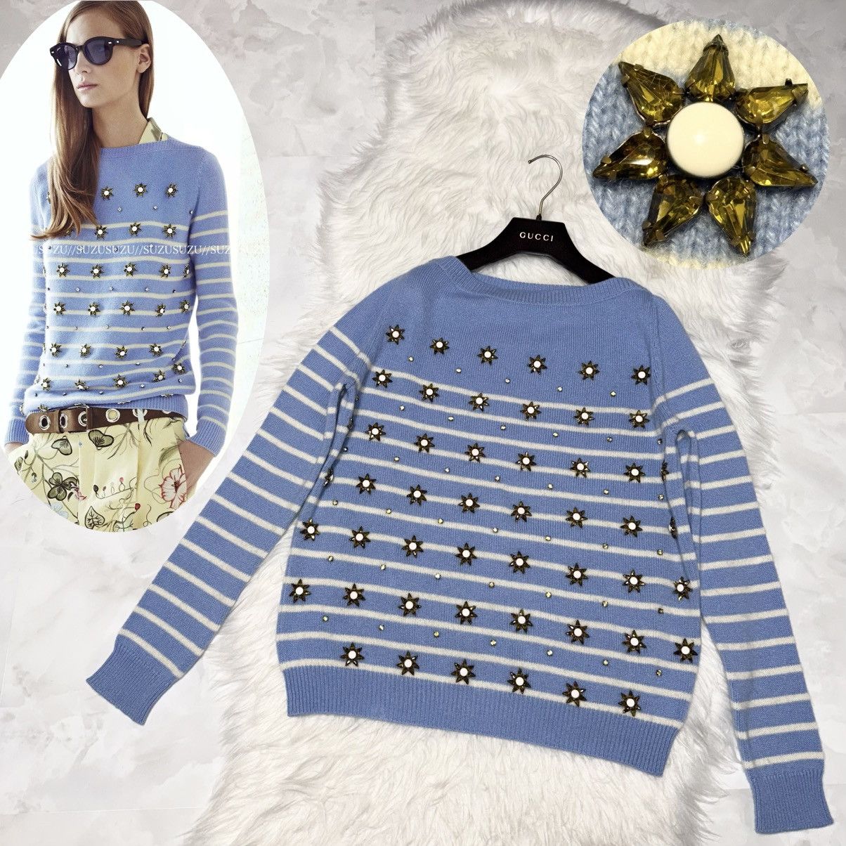 Gucci Authentic Gucci Knit Sweater with Beaded Flowers and Stripes Size L / US 10 / IT 46 - 1 Thumbnail