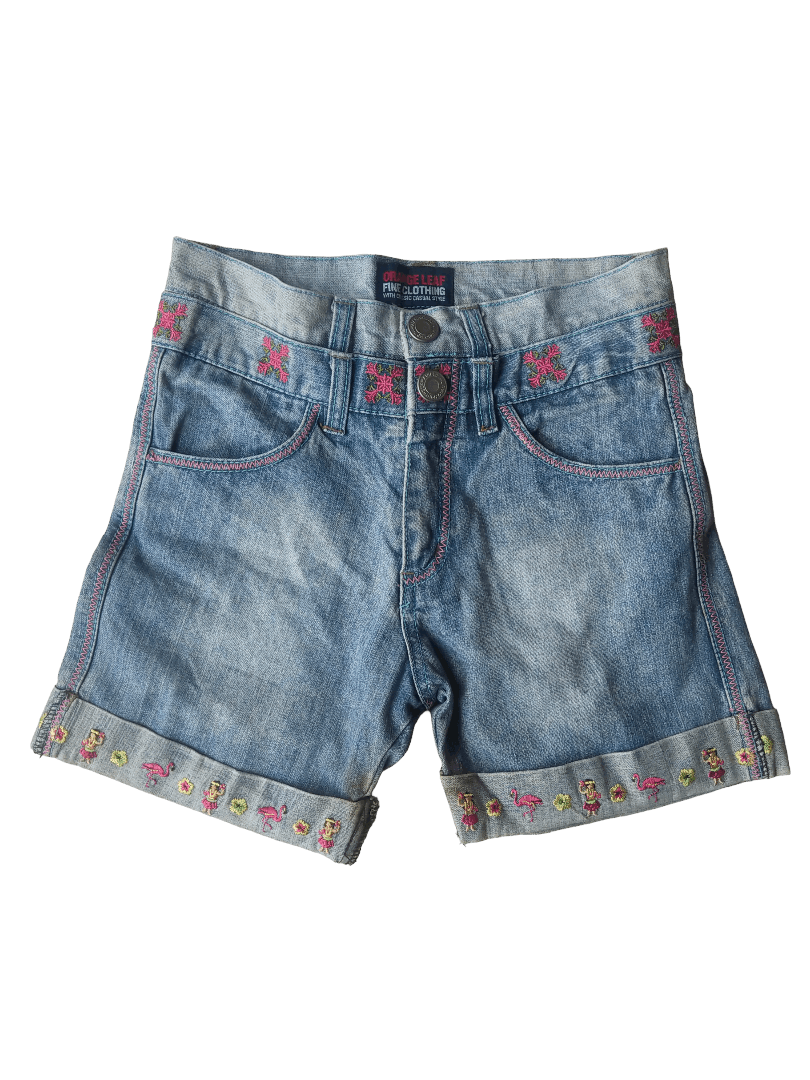 Hysteric Glamour Orange Leaf Embroidered Denim Shorts (Floral & Flamingo Hem) Size 28" / US 6 / IT 42 - 4 Thumbnail