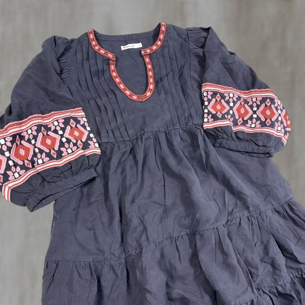 Marine Layer Marine Layer Dress Womens Small Gray Pockets Embroidered Boho Mini Olema Tiered 3/4 Sleeve V-Neck Size S / US 4 / IT 40 - 1 Thumbnail