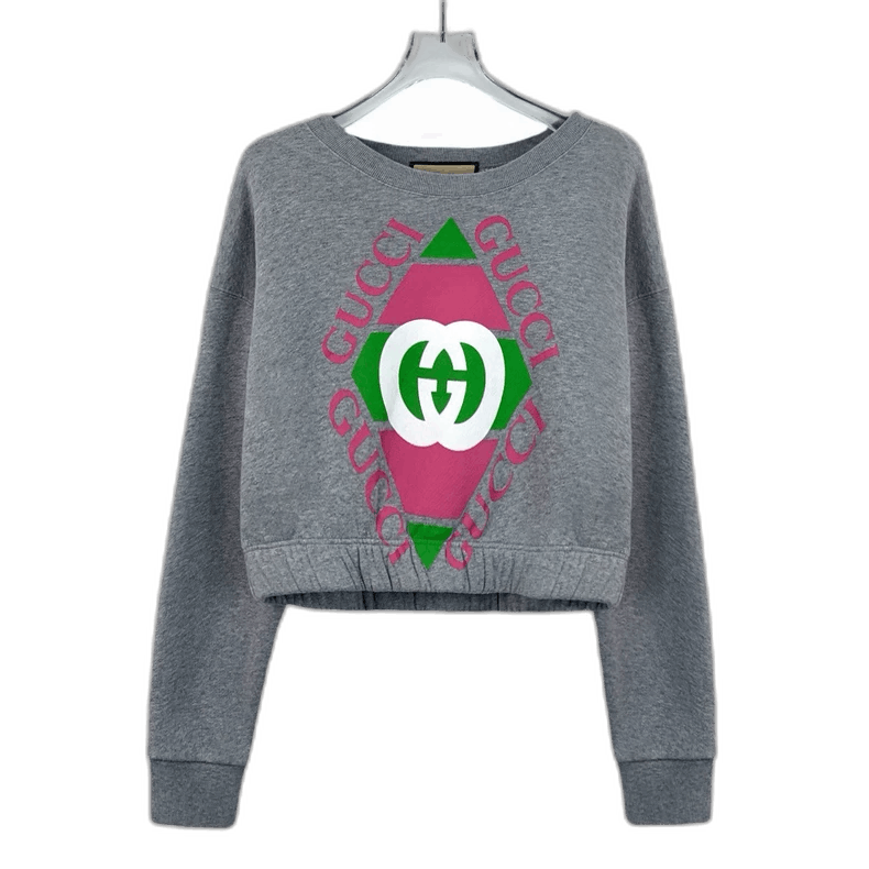 Gucci Gray Pink Logo Cropped Long Sleeve Sweatshirt