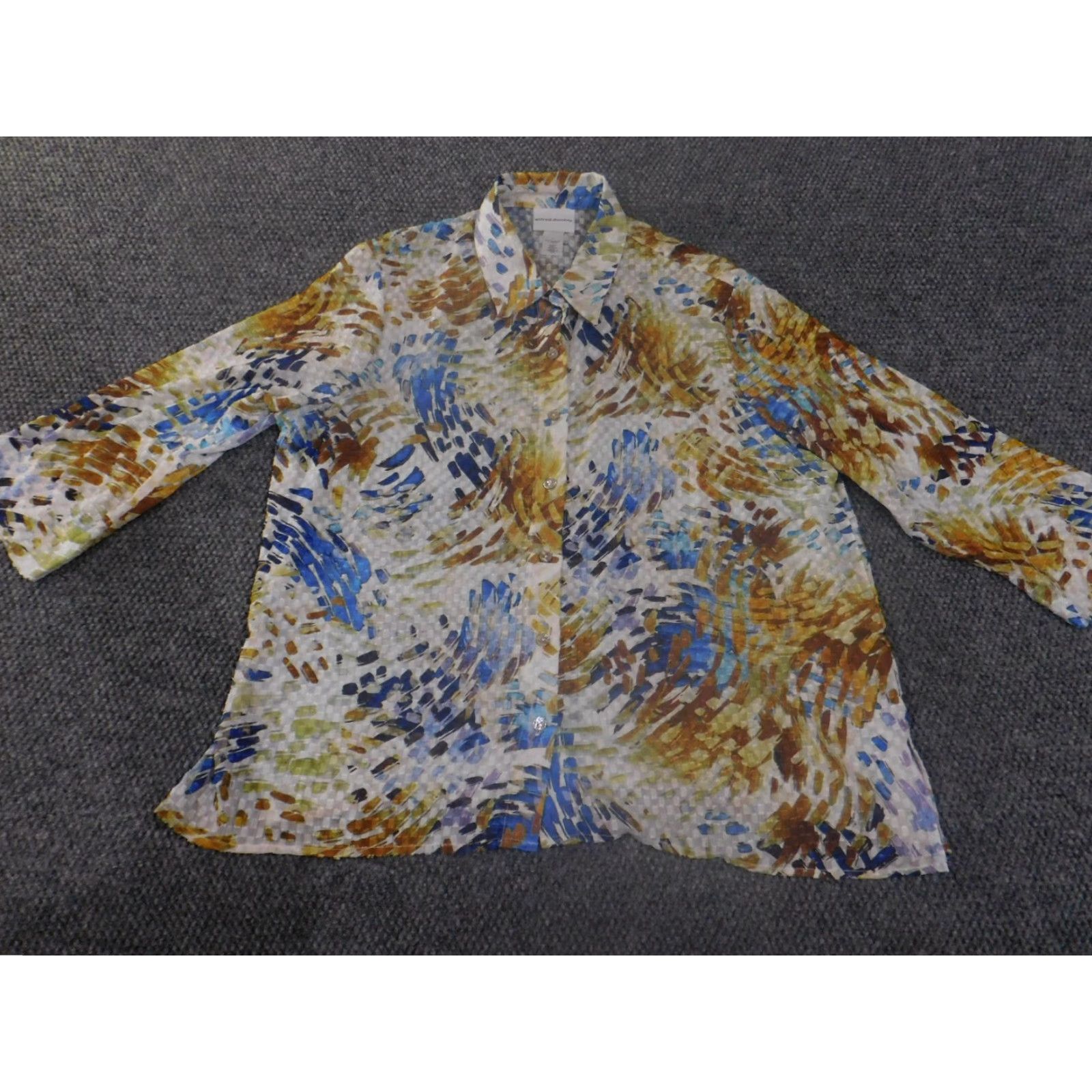 Vintage Alfred Dunner Button-Up Shirt Women Large Blue Geometric Sheer Casual Knit Polyester Long Sleeve Size L / US 10 / IT 46 - 2 Thumbnail