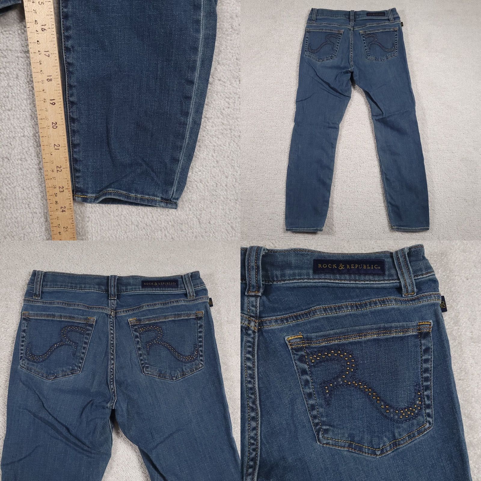 Vintage Rock & Republic Jeans Womens 6 Skinny Stretch Denim Medium Wash Studded Pocket Blue Size 28" / US 6 / IT 42 - 9 Thumbnail