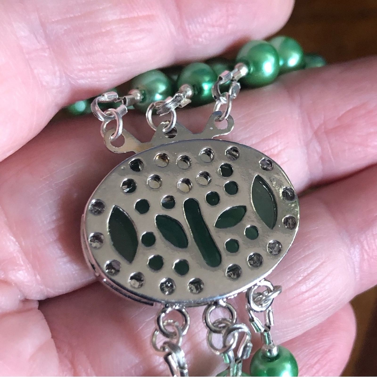 Handmade Handcrafted triple strand green pearl stone clasp necklace Size ONE SIZE - 11 Thumbnail