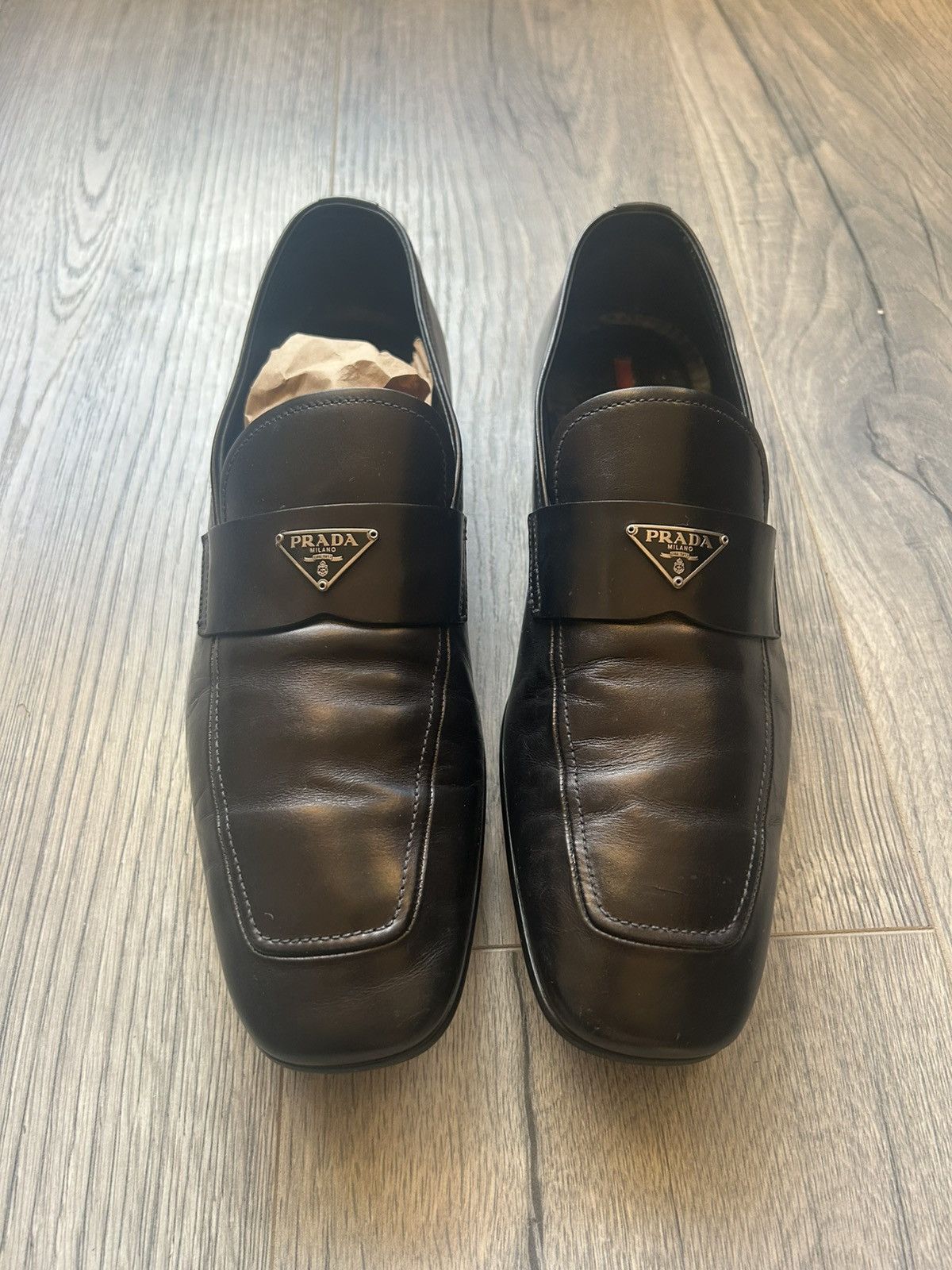 Prada Prada Black Leather Loafers with Logo Plate Size US 7 / EU 40 - 1 Thumbnail