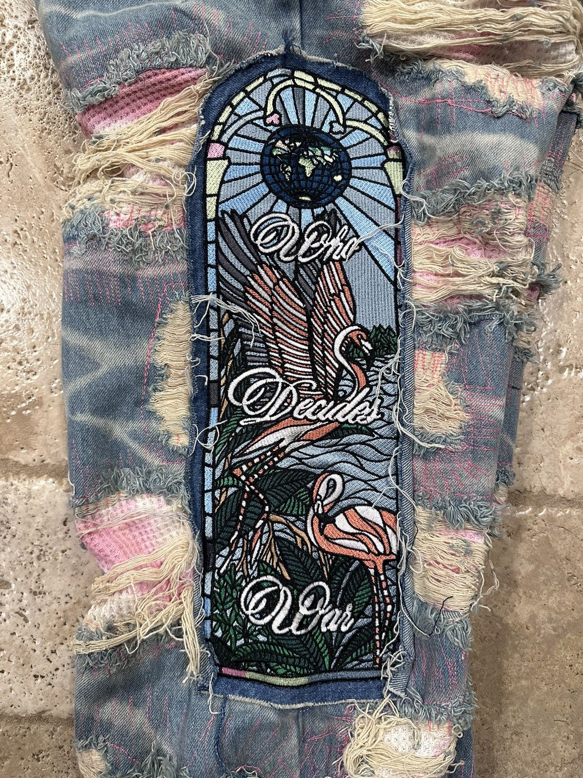Who Decides War WDW Pink Flamingo Patch Fusion Denim Jeans
