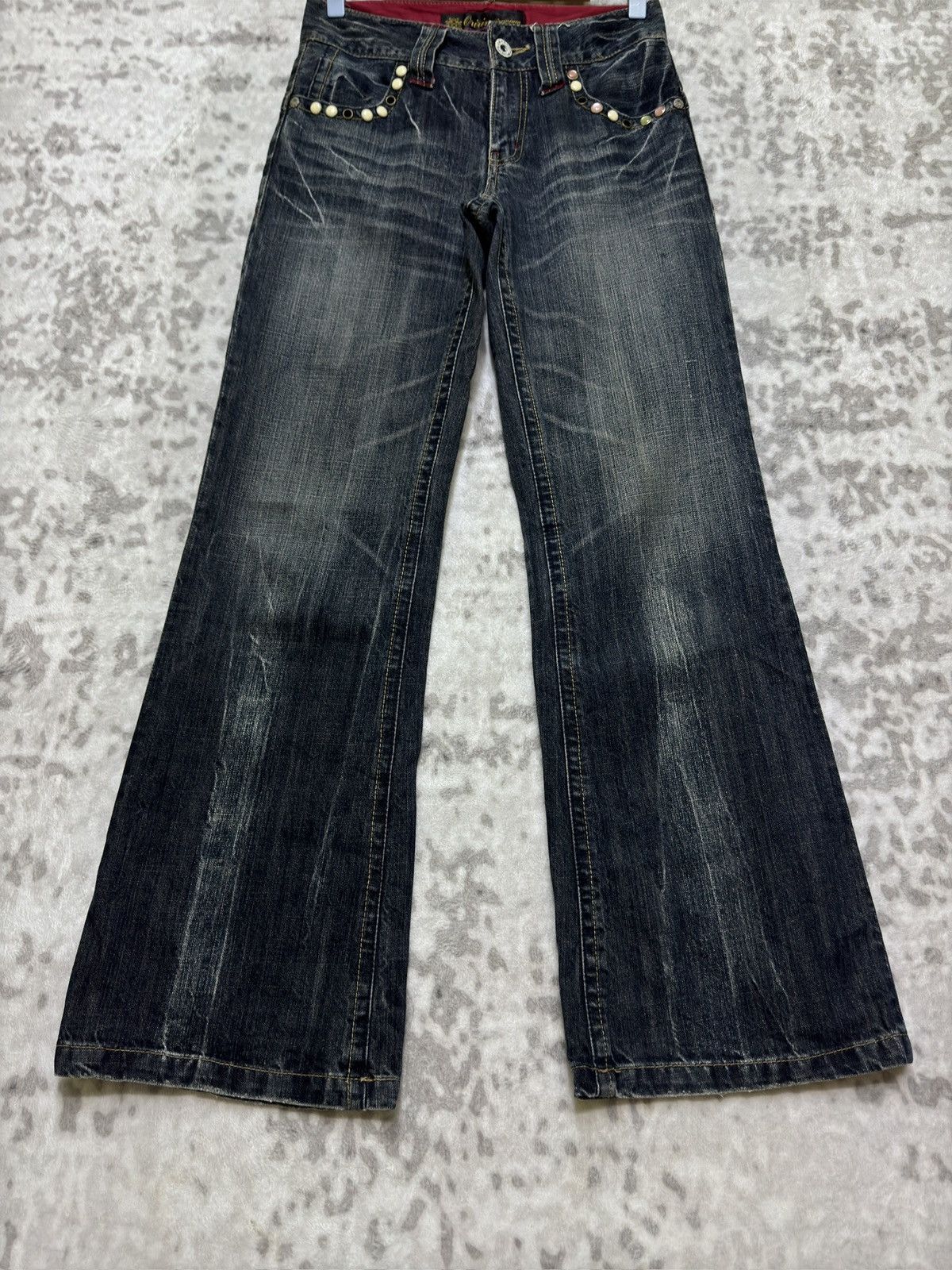 Hysteric Glamour Flare Oririn Studded Wide Leg Jeans Claw Mark Whiskers Size US 27 - 6 Thumbnail