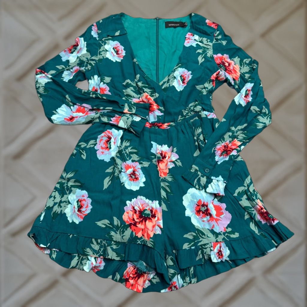 MINKPINK Minkpink Romper Womens S Green Long Sleeve V-Neck Floral Boho Summer Beach Bohemian One-Piece Size S / US 4 / IT 40 - 1 Thumbnail