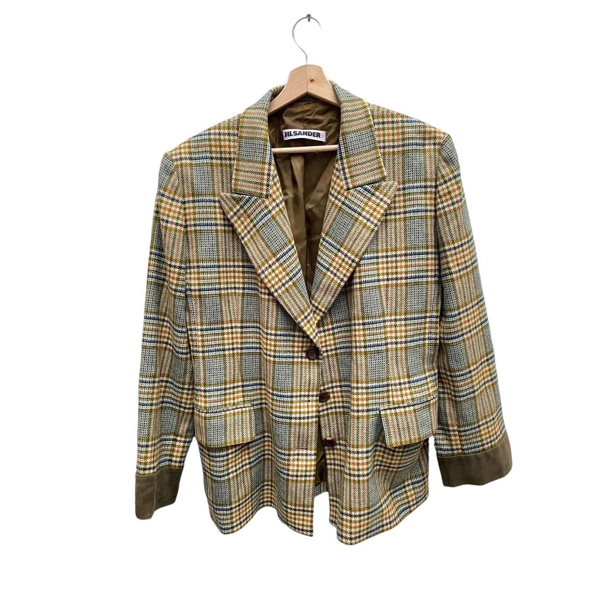 Image of Jil Sander Brown Beige Checkered Plaid Blazer Jacket, Women's (Size Small)