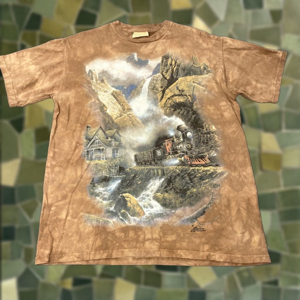 The Mountain VINTAGE The Mountain Shirt Mens Large Brown Tie Dye Steam Train Locomotive 90s Graphic Crew Neck Cotton T-Shirt Mens Size US L / EU 52-54 / 3 - 1 Thumbnail