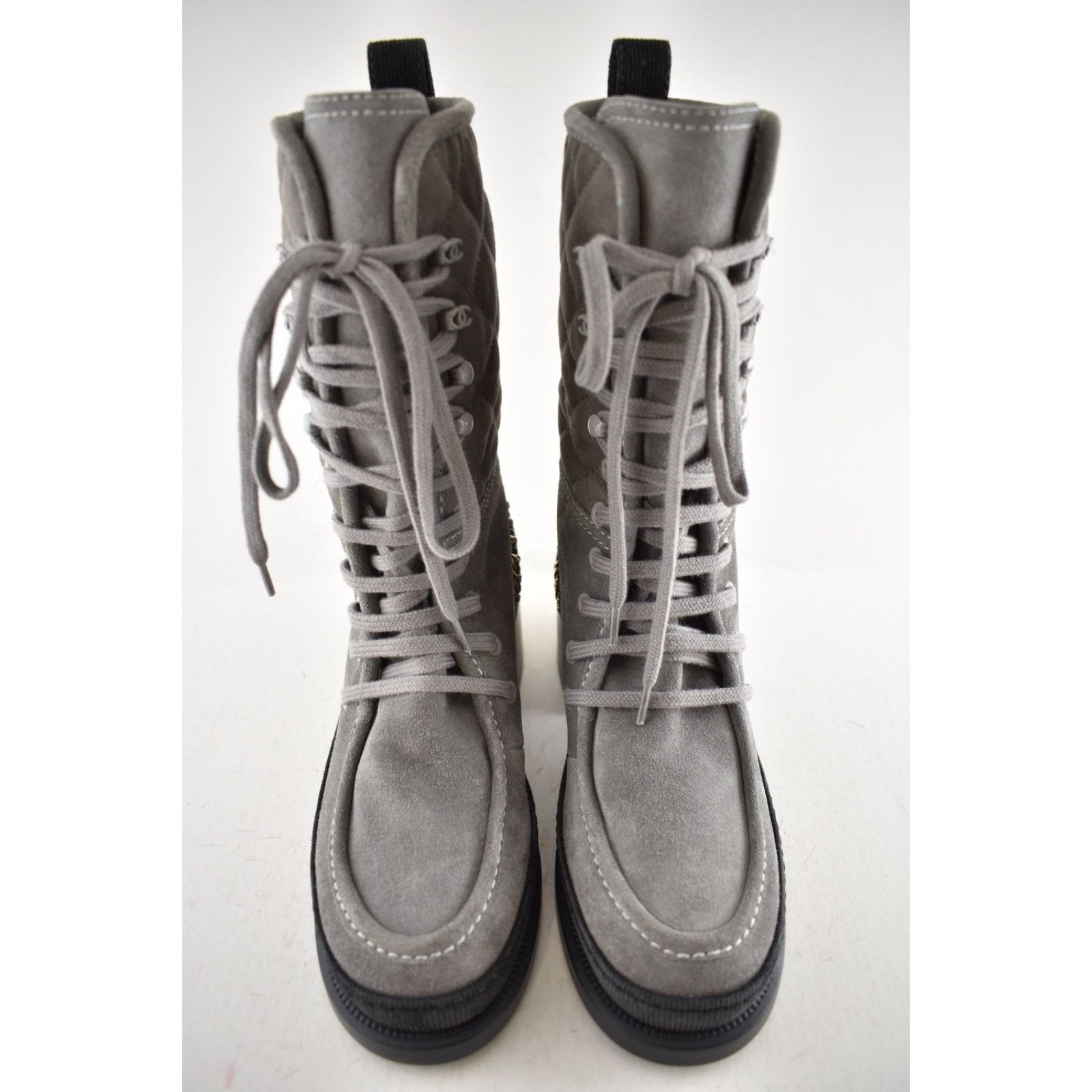 Chanel Chanel 24K Grey Quilted Suede Chain CC Combat Boots 36 Size US 6 / IT 36 - 7 Thumbnail