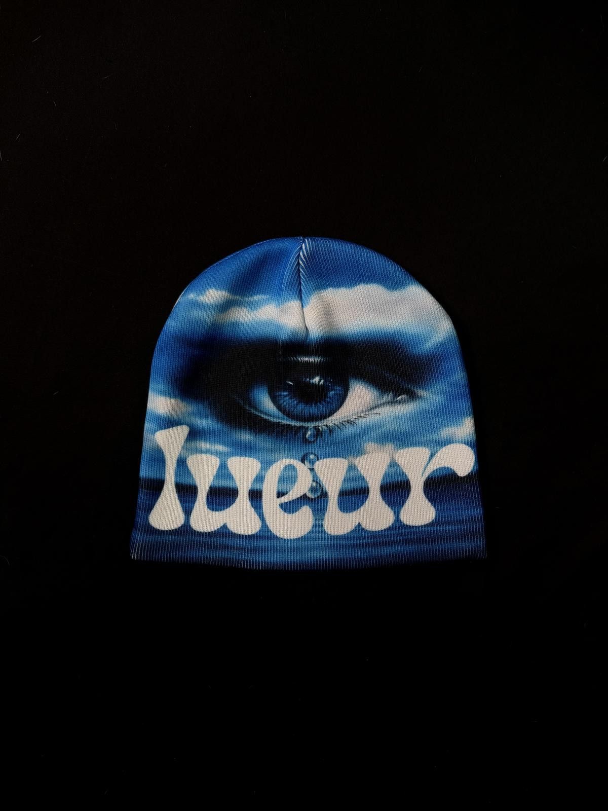 Y2K Lueur Crying Eye Print No Cuff Knit Beanie Hat Blue, Men’s