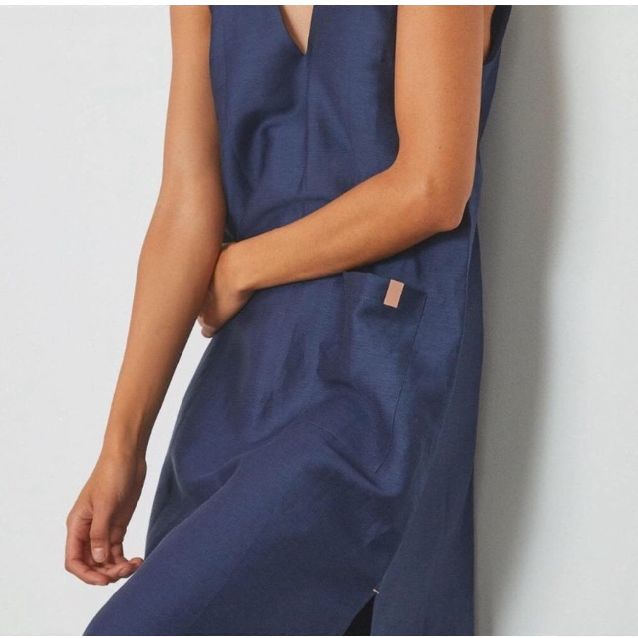 image of Lunya Good In Bed Resort Double V Midi Dress in Blue, Women's (Size Small)