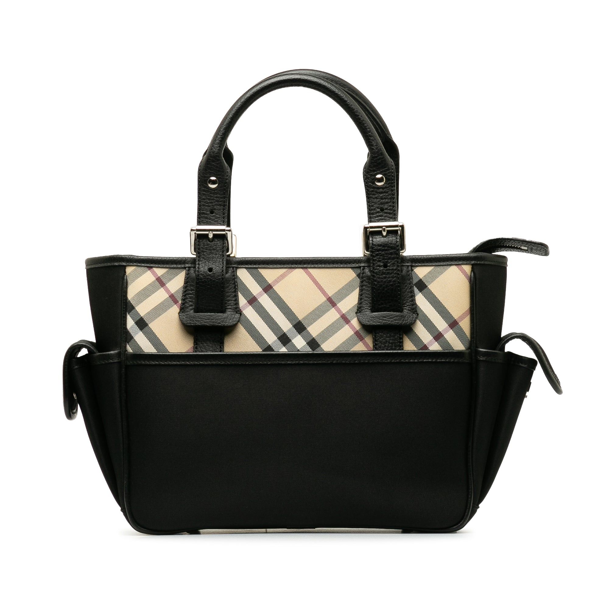 image of Burberry Leather-Trimmed Nova Check Handbag in Black, Women's