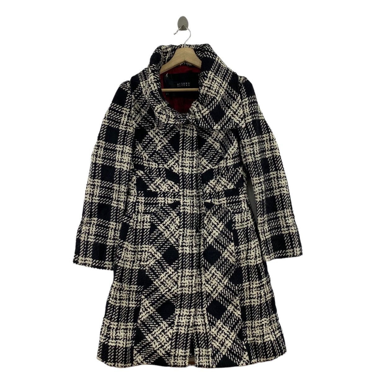 image of Atsuro Tayama Japanese Designer Check Tartan Wool Long Coat in Black/White, Women's (Size Small)