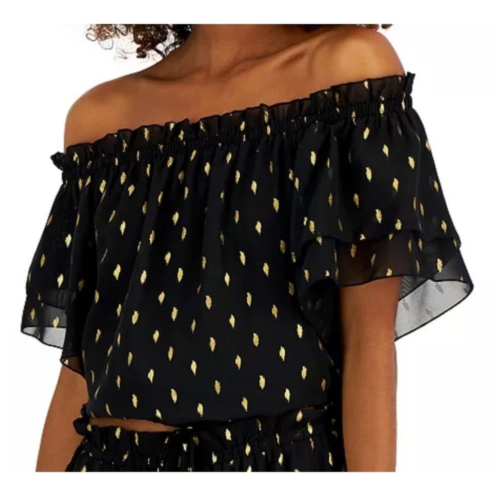 Other INC XS NWT Black Foil-Print Tiered Top | Off-Shoulder Chic Size XS / US 0-2 / IT 36-38 - 1 Thumbnail