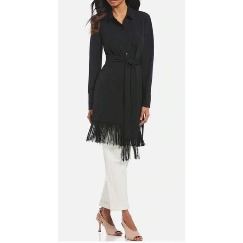 Halston H by Halston Women's Black Fringe Button Down Tunic, L Size L / US 10 / IT 46 - 2 Thumbnail