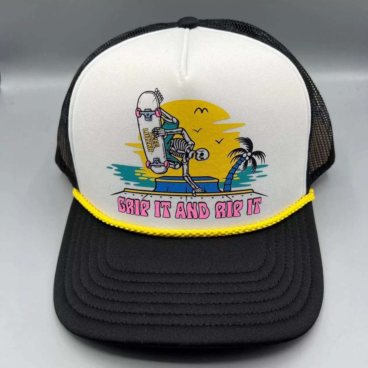The Unbranded Brand Grip It and Rip It Trucker Hat Men White Skate Snap Back Cap Size ONE SIZE - 1 Thumbnail