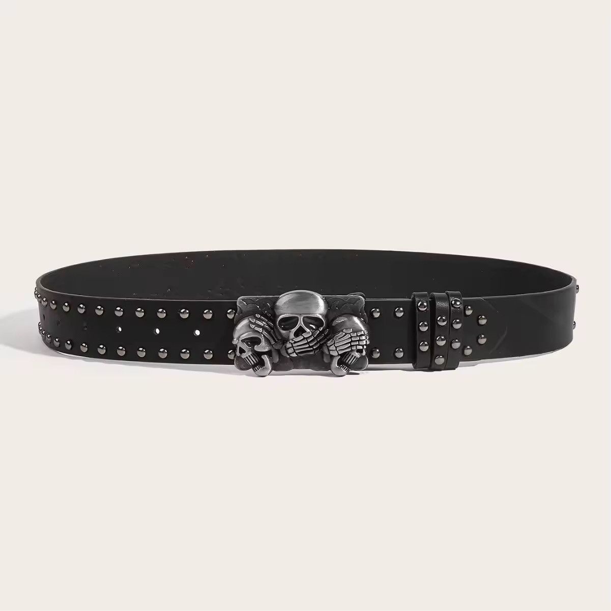 Leather Skeleton Triple Head Rivet Unisex Waist Pu Leather Belt Size ONE SIZE - 4 Thumbnail
