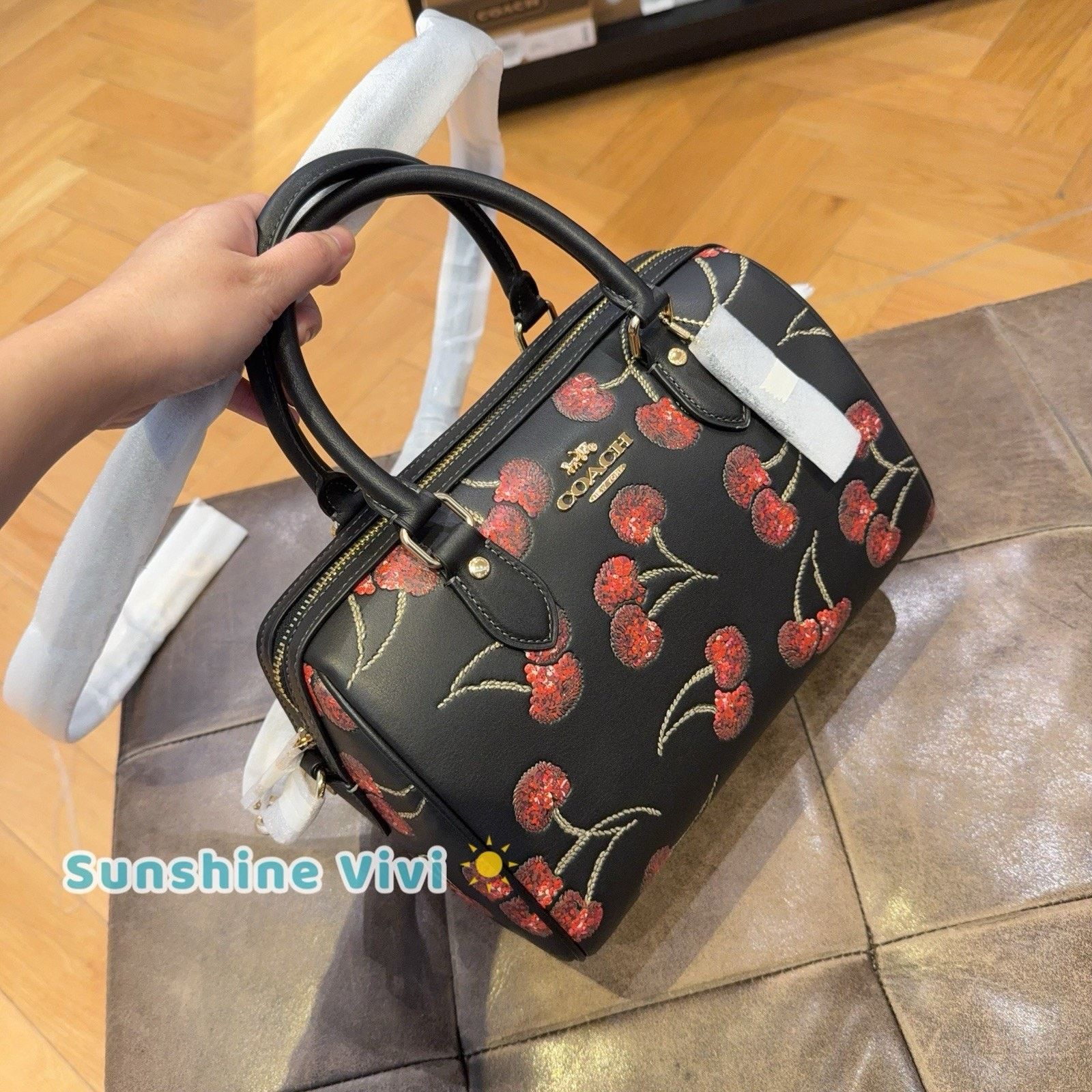Coach NWT Coach CCZ15 Rowan Satchel Bag Cherry Print Black Leather Size ONE SIZE - 3 Thumbnail