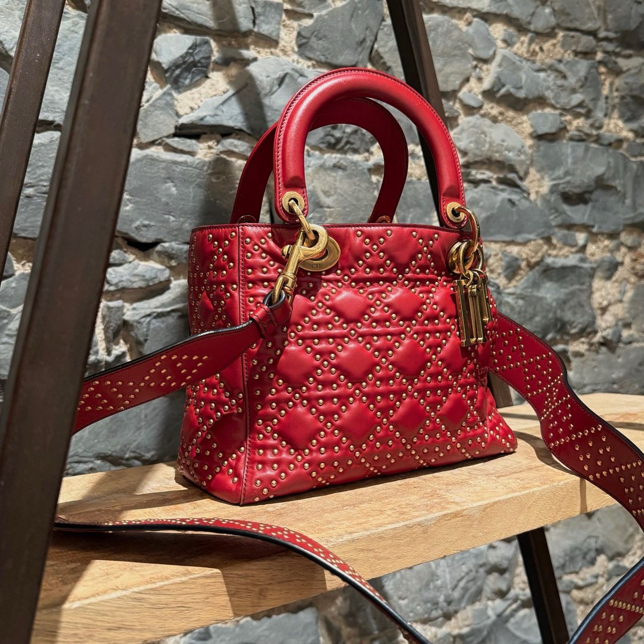 Dior Christian Dior Red Leather Gold Studded Medium Lady Dior Bag Size ONE SIZE - 3 Thumbnail