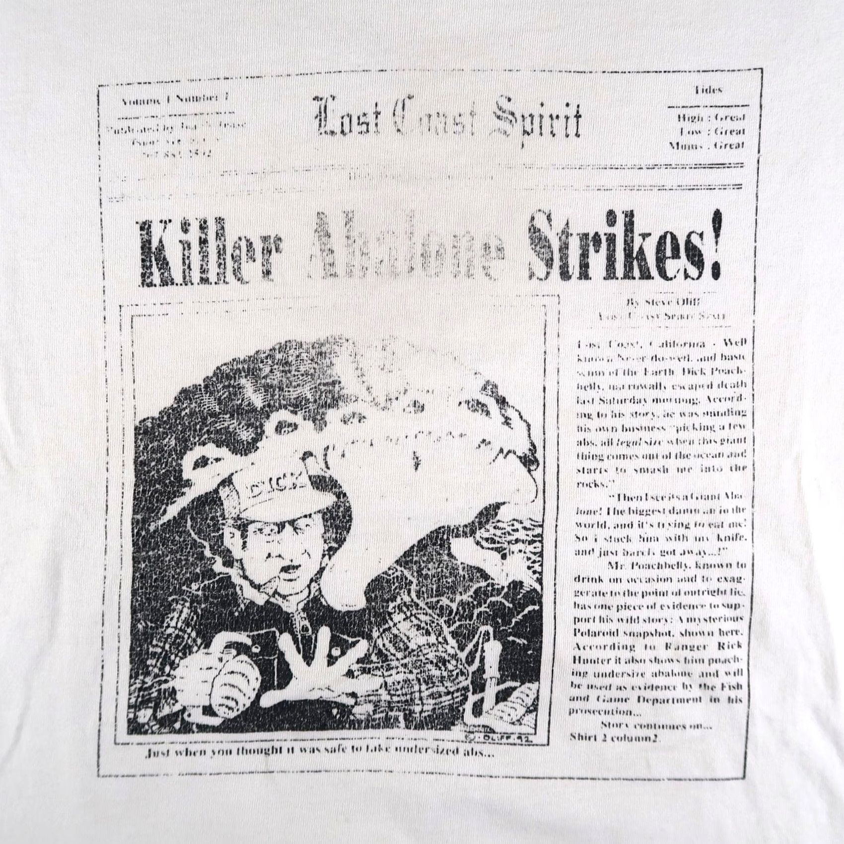 Vintage VINTAGE 90s Killer Abalone Strikes Newspaper T Shirt L White 90s Animals Mens Shirt Size US L / EU 52-54 / 3 - 3 Thumbnail