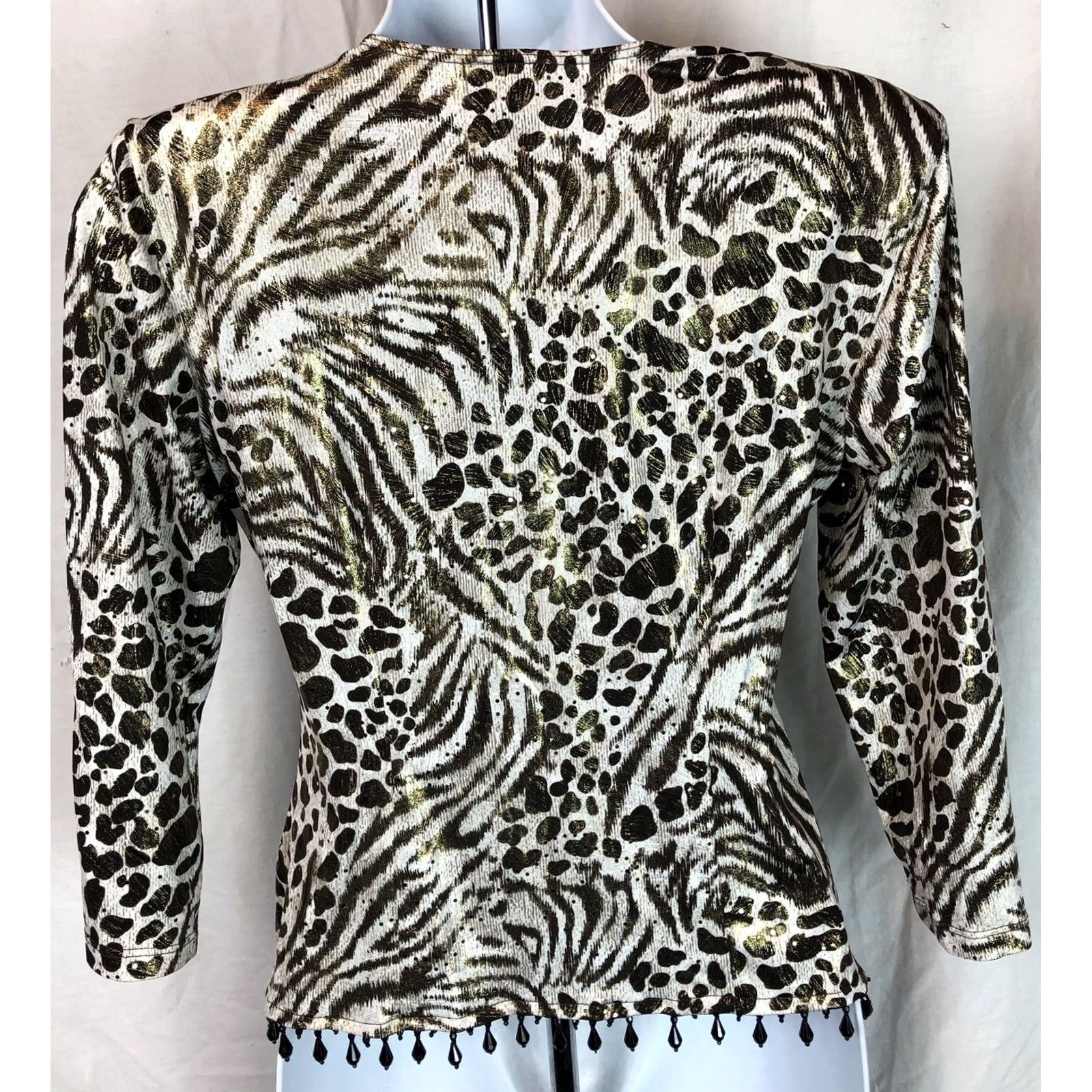 Vintage VINTAGE BFA Blouse PS Ivory/Gold Glitter Animal 3/4 Sleeve Beaded Hem 90s Y2K Womens Size S / US 4 / IT 40 - 3 Thumbnail