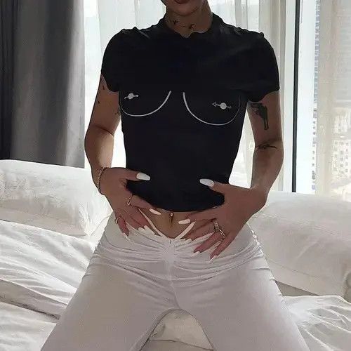 Japanese Brand Korean Fashion Nipple Print Graphic O Neck Short Size ONE SIZE - 3 Thumbnail