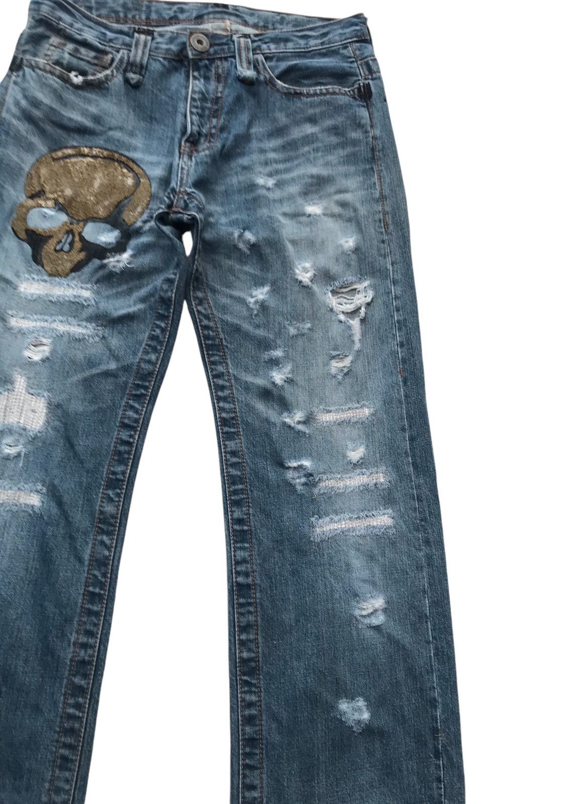 Japanese Brand Ripped Skull Motif Distressed Denim Pants Size US 32 / EU 48 - 4 Thumbnail