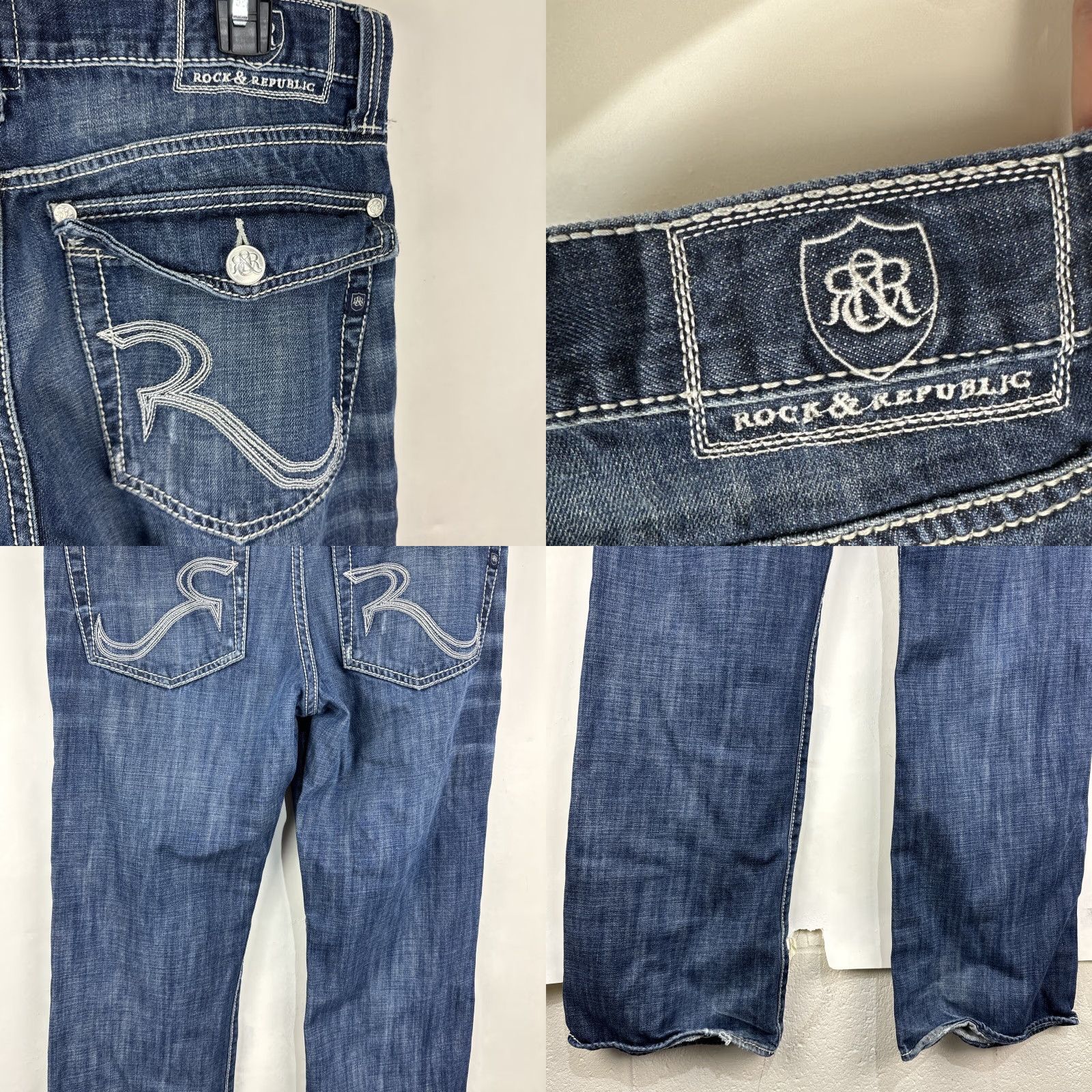 Vintage Rock & Republic Jeans Men's 34x32 Blue Denim Bootcut Medium Wash Distressed Straight 5-Pocket Size US 34 / EU 50 - 10 Thumbnail