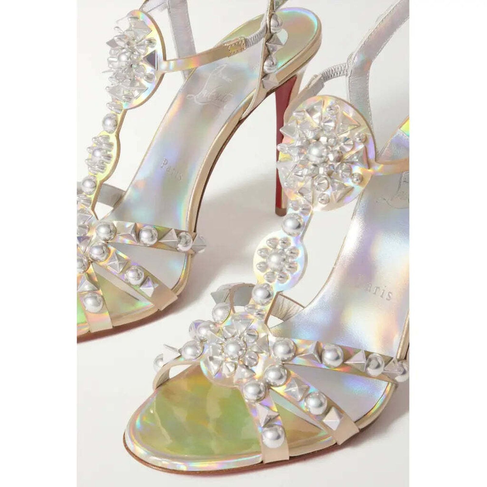 Christian Louboutin Goldora 100 Gold AB Spike Ankle Strap Sandal Heel Pump 39.5 Size US 9.5 / IT 39.5 - 3 Thumbnail