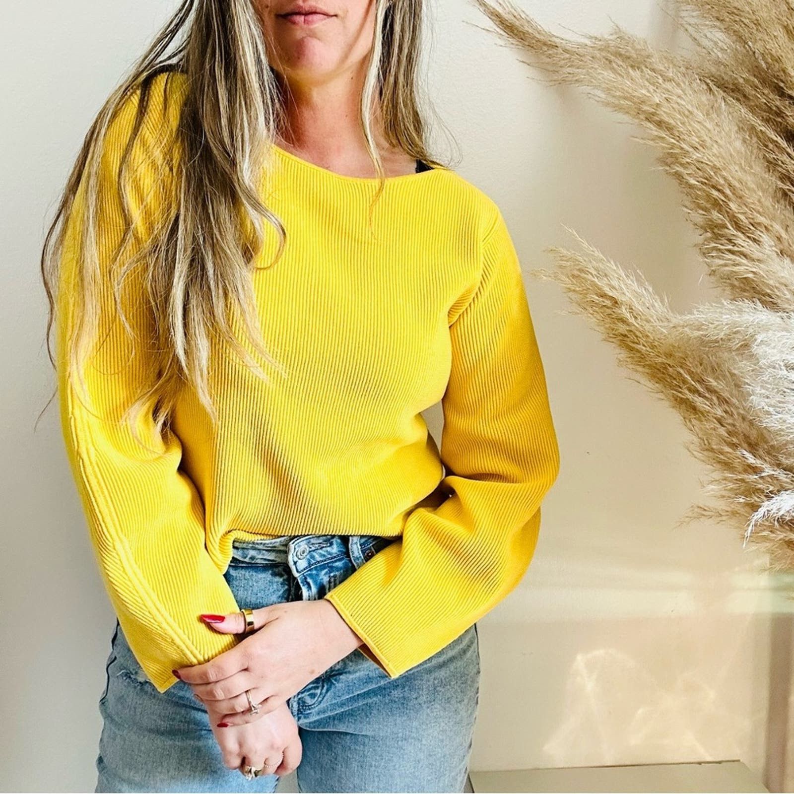 image of Lk Bennett Gold Yellow Ribbed Knit Box Crop Pullover Sweater, Women's (Size Medium)