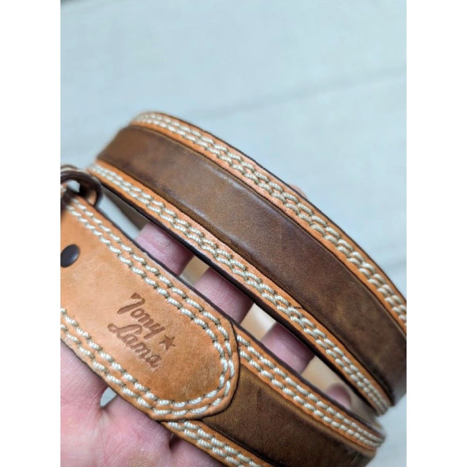 Tony Lama VINTAGE Tony Lama Western Belt Buckle 36 Brown Leather Cowhide Stitched Men Belt 1-3/8" Western Belt 36 Mens Size 36 - 2 Thumbnail