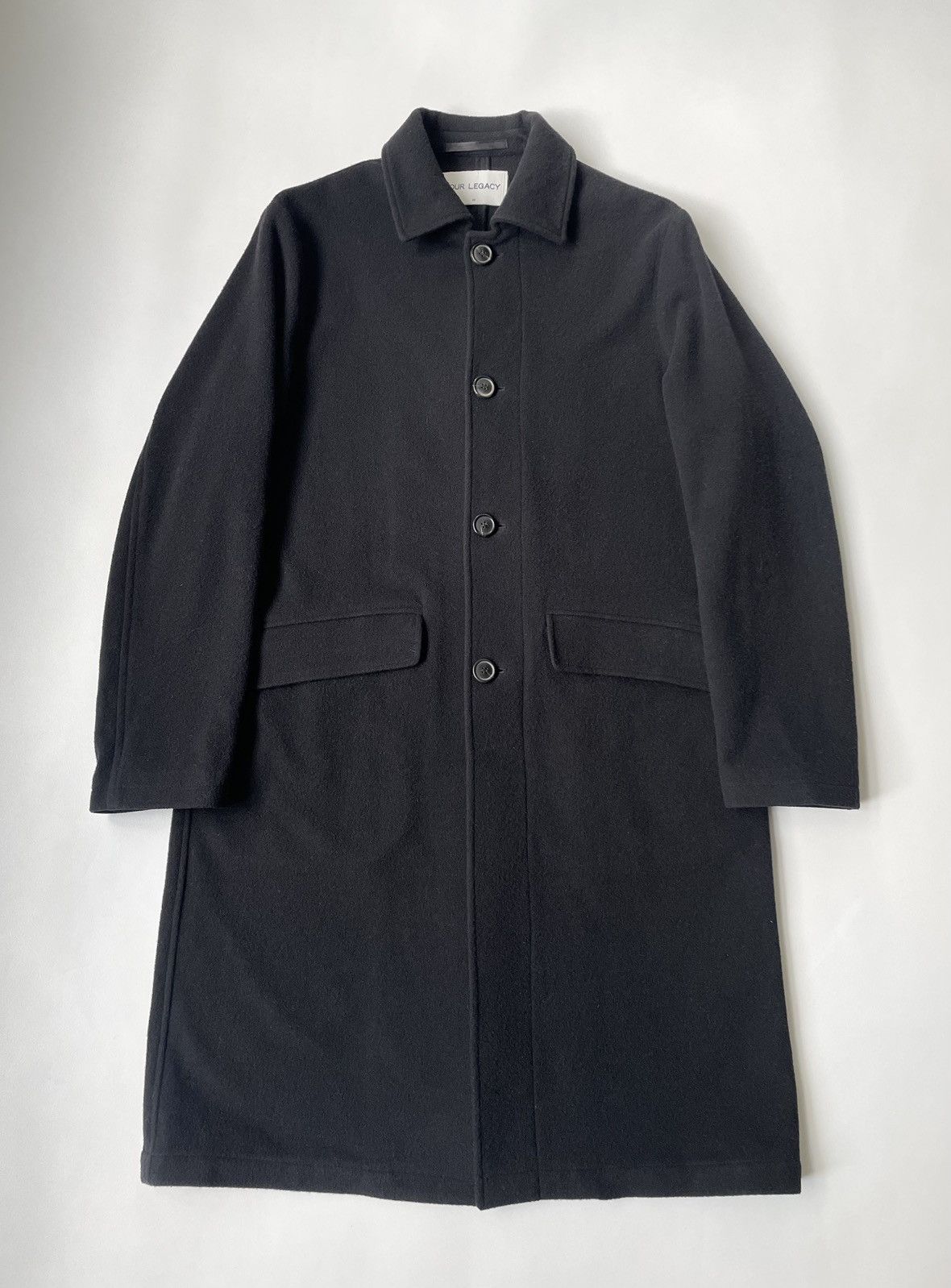 image of Our Legacy Boxy Fit Black Wool Overcoat, Men's (Size Small)