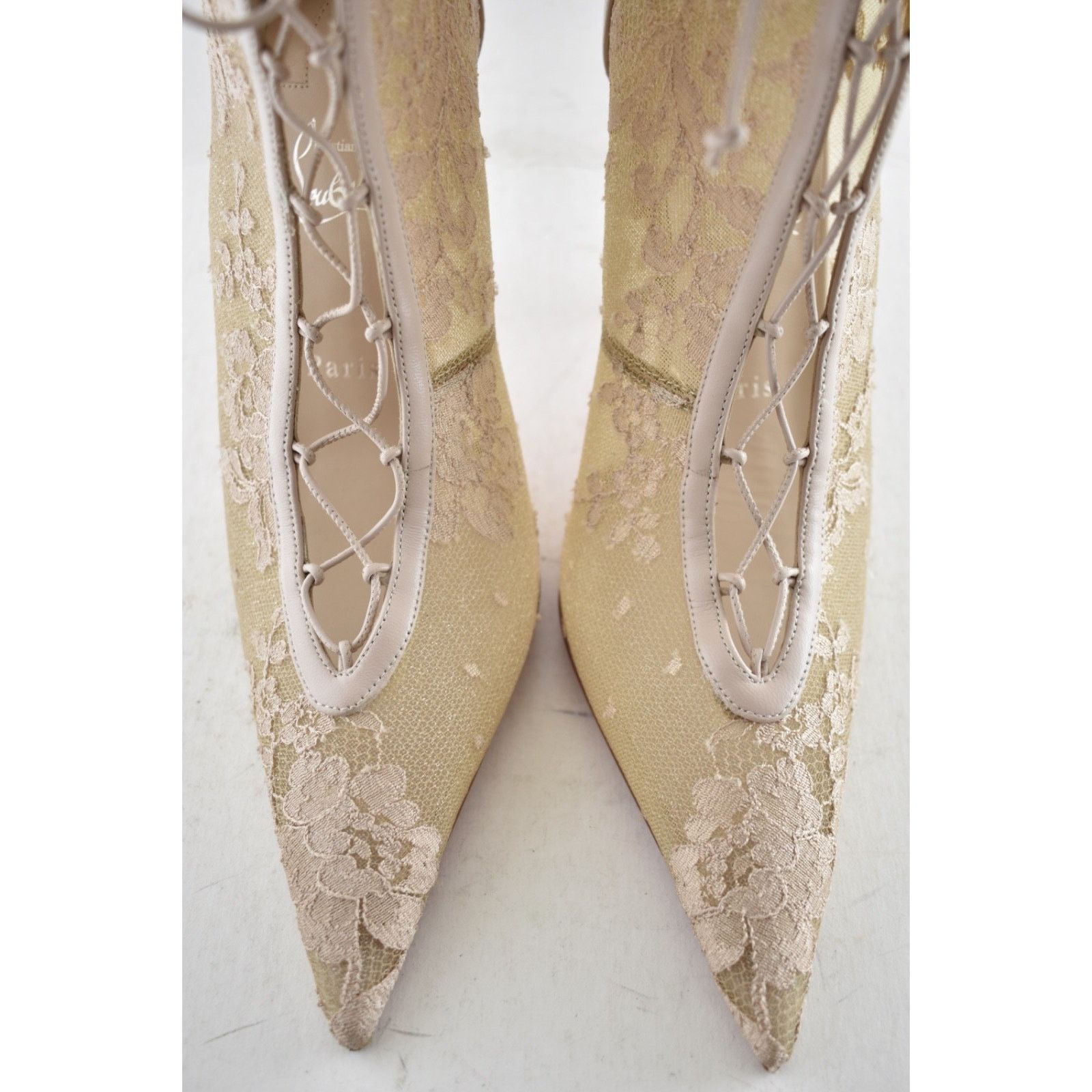 Christian Louboutin KM Lace Booty 100 Pearl Beige Lace Up Ankle Heel Bootie 40 Size US 10 / IT 40 - 13 Thumbnail
