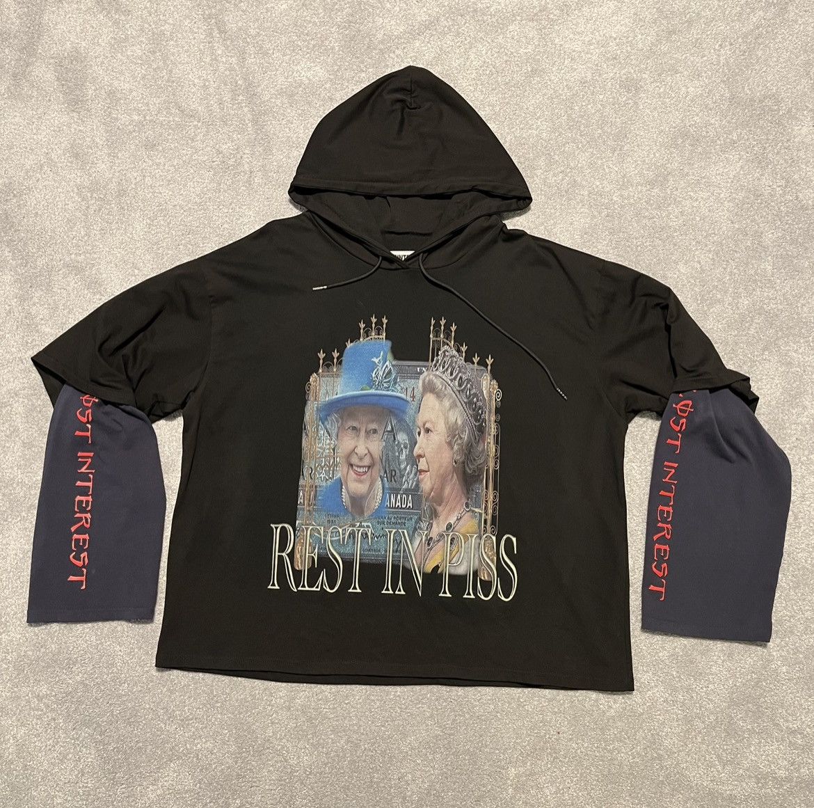 image of Humor x Individual Designer Haunted Starbucks Queen Elizabeth Rest In Piss Layer Hoodie in Black (S