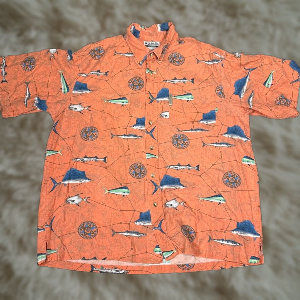 Barracuda Columbia Mens Short Sleeve Button-Up Shirt L Orange Fish Print Marlin Barracuda Shirt Size US L / EU 52-54 / 3 - 1 Thumbnail