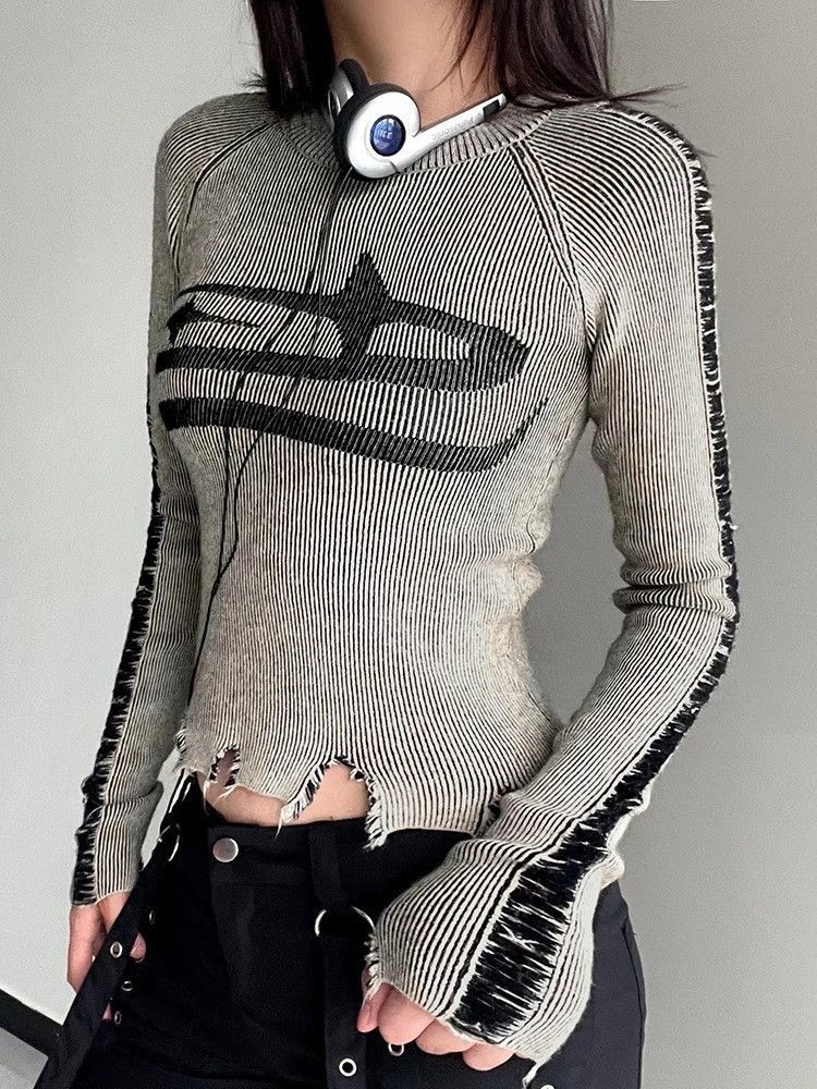 Other Grey Ripped Distressed Womens Long Sleeve Star Sweater Size M / US 6-8 / IT 42-44 - 3 Thumbnail