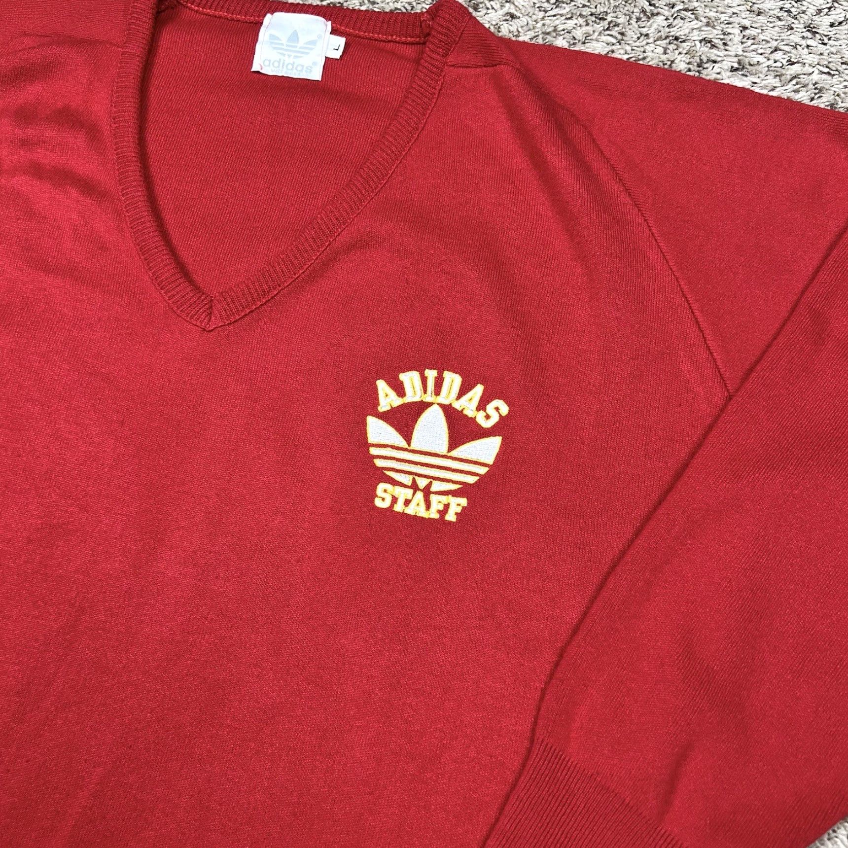 Adidas VINTAGE Adidas Staff V-Neck Knit Red Sweater Adult Large Embroidered Logo Shirts Pullover 80s Mens Womens Unisex Size US L / EU 52-54 / 3 - 4 Thumbnail