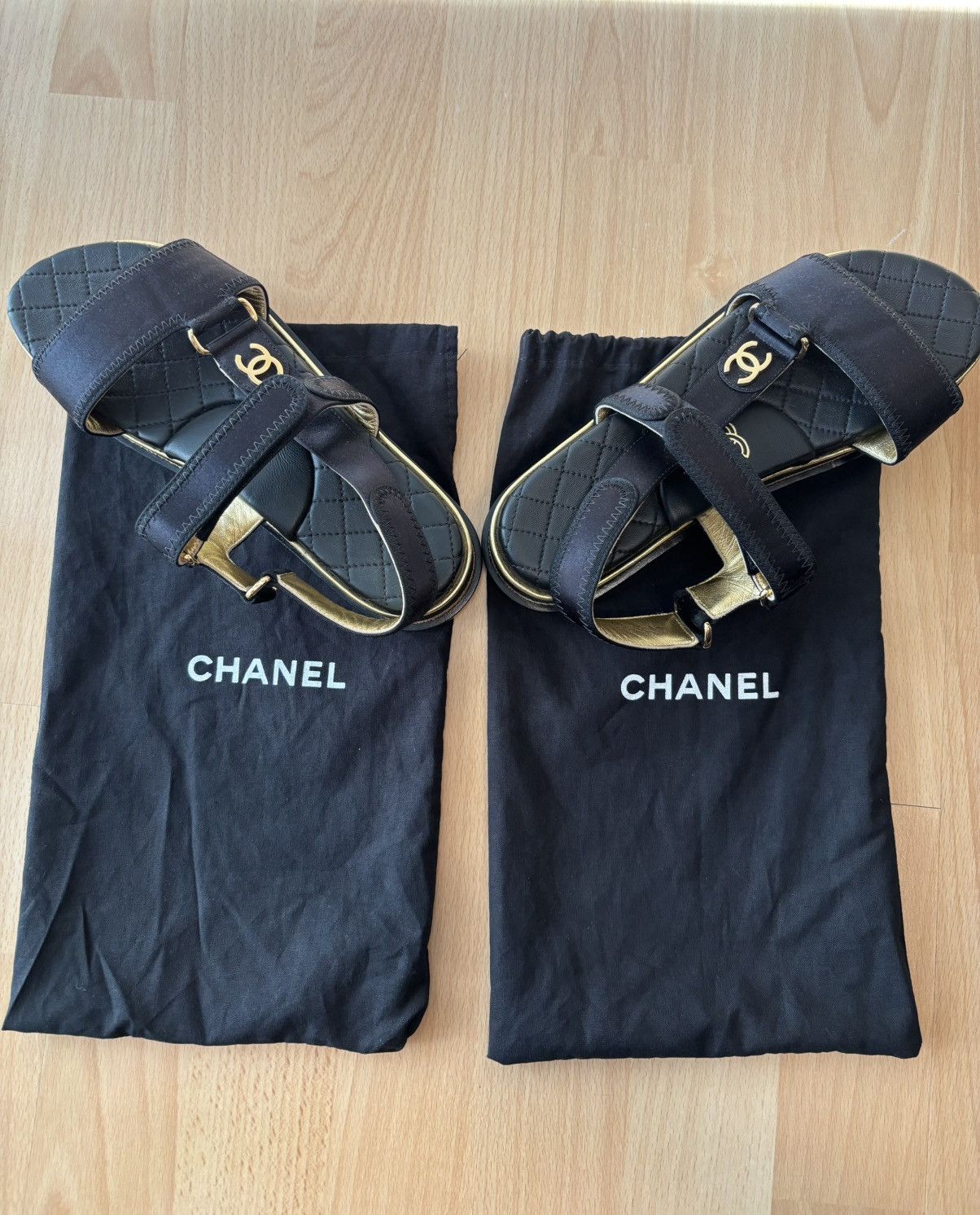 Chanel Chanel Black Satin CC Velcro Strap Flat Sandals Size US 5 / IT 35 - 9 Thumbnail