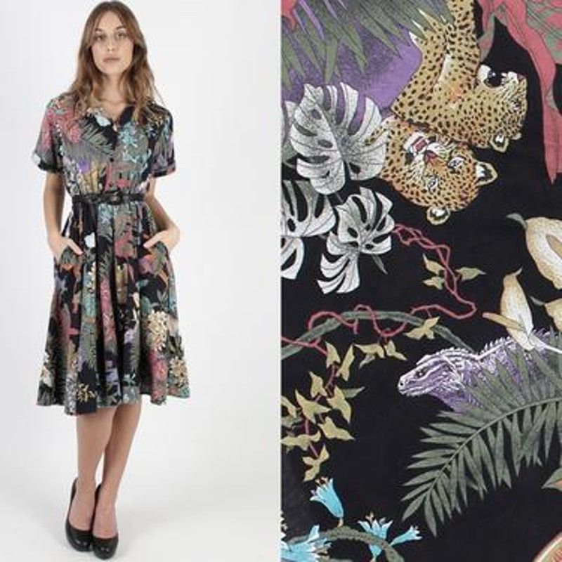 image of Vintage Black Safari Tropical Jungle Floral Midi Dress L 12 2558, Women's (Size XL)