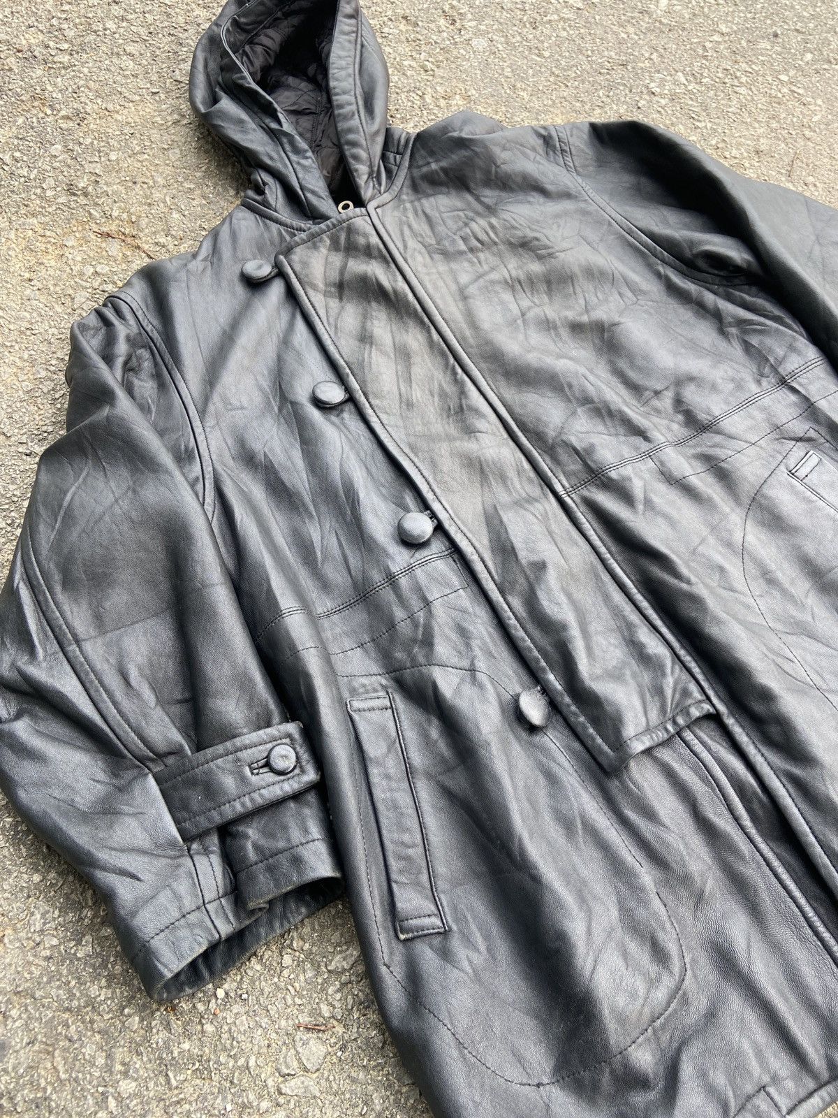 Yohji Yamamoto Circa 92–93 Hooded Leather Coat with Asymmetrical Button Size US L / EU 52-54 / 3 - 16 Thumbnail
