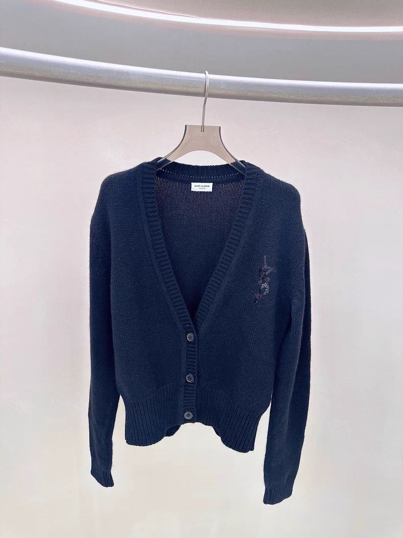 Saint Laurent Paris Saint Laurent Paris Black sequined logo cashmere cardigan Size S / US 4 / IT 40 - 1 Thumbnail