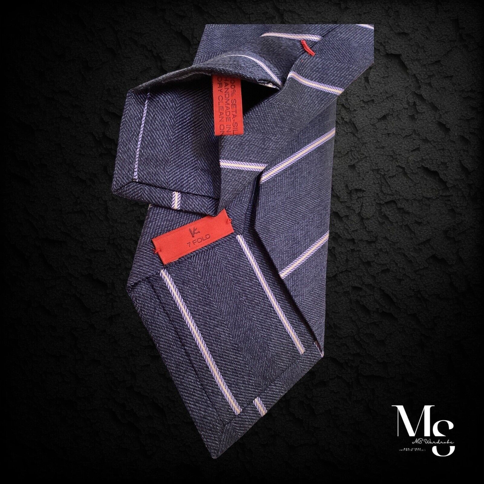 Isaia ISAIA NAPOLI 7 FOLD Navy Striped Silk Tie Hand Made In Italy Size ONE SIZE - 5 Thumbnail