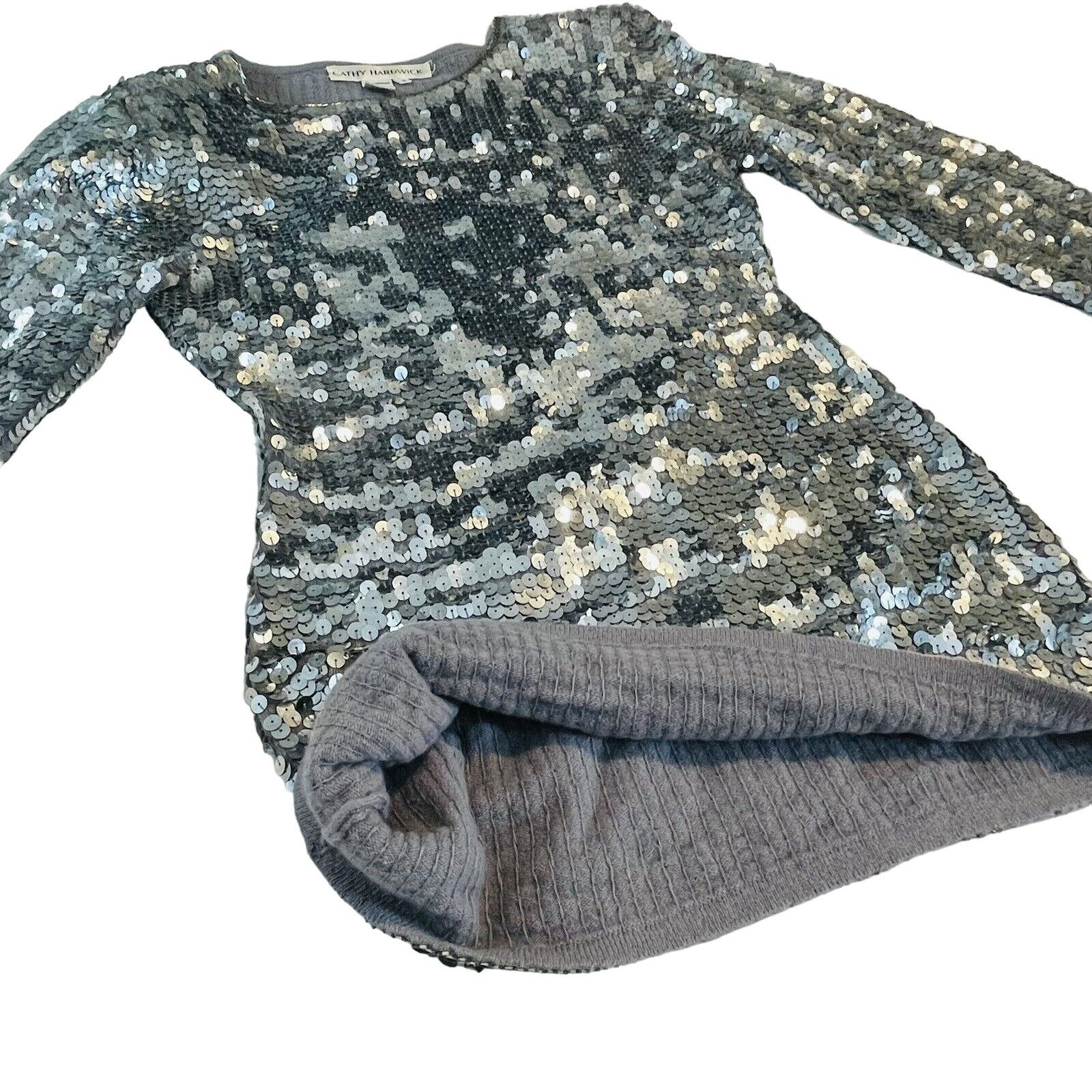 image of Vintage Cathy Hardwick Silver Beaded Sequin Blouse Sweater Top Vinta, Women's (Size Small)